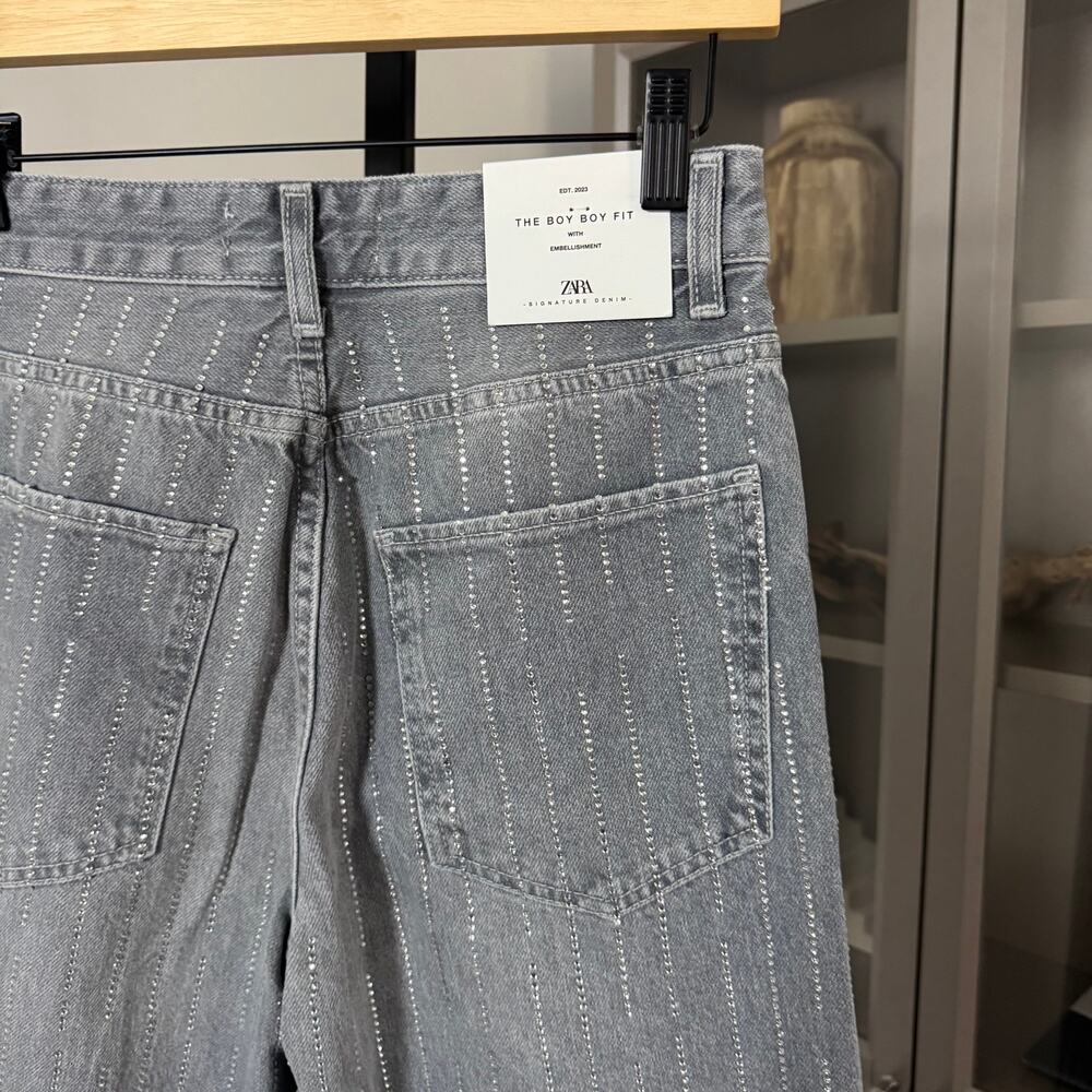 Zara Boy Boy Fit w Embellishment Striped Relaxed Straight Jeans 4 NEW Grey Denim - Picture 6 of 7